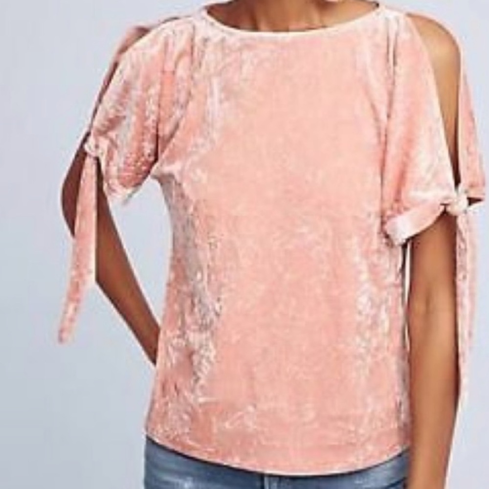 Anthropologie | Maeve | Pink Crushed Velvet Tie‎ Sleeve Cold Shoulder Top Size S
